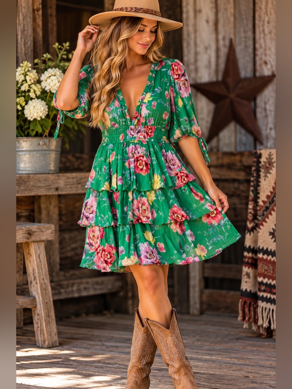 Yumi Kim Green Floral Tiered Mini Dress Size S Boho Western